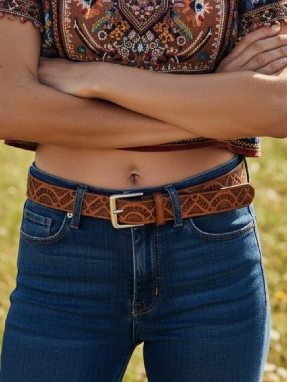 ✨️Women's Brown Tooled Leather Belt with a Silver Buckle!